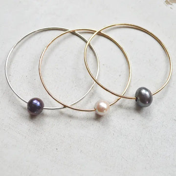 Single Pearl Bangle in Sterling Silver